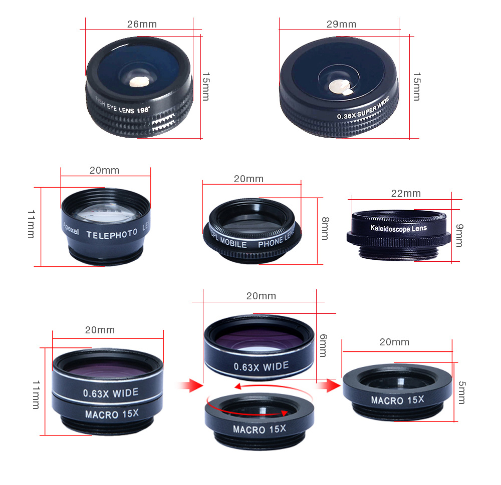 Apexel APL - DG7 0.36X Super Wide Angle + 0.63X Wide Angle + 2X Telephoto + 15X Macro + 198 Degree Fisheye + CPL + Kaleidoscope Lens 7 in 1 Clip External Phone Camera Apexel APL - DG7 0.36X Super Wide Angle + 0.63X Wide Angle + 2X Telephoto + 15X Macro + 198 Degree Fisheye + CPL + Kaleidoscope Lens 7 in 1 Clip External Phone Camera