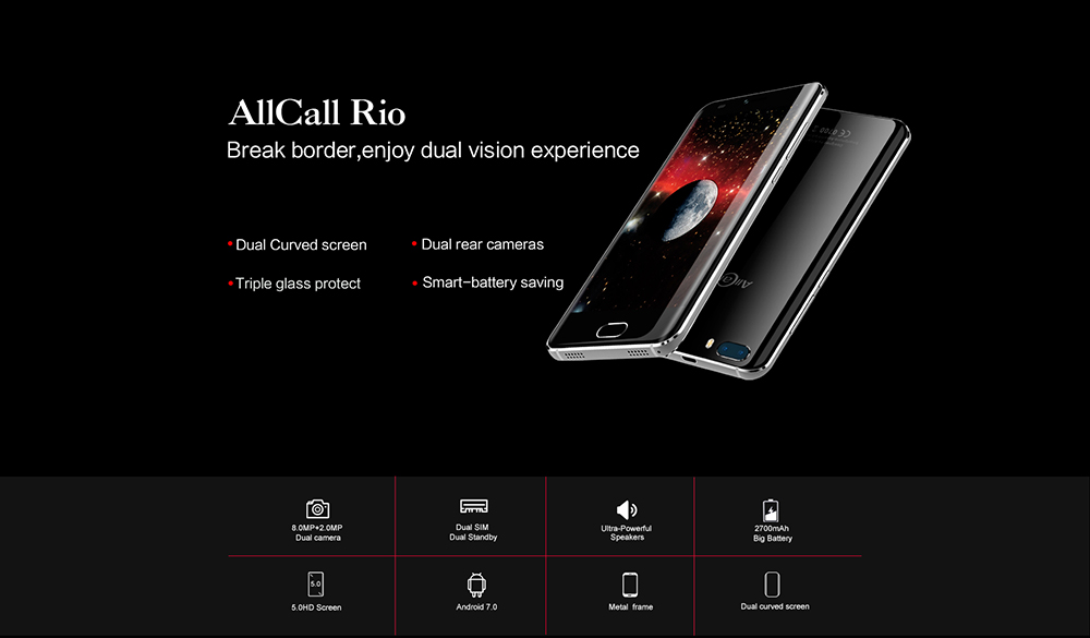 Allcall Rio 3G Smartphone 5.0 inch Android 7.0 MTK6580A Quad Core 1.3GHz 1GB RAM 16GB ROM GPS 3D Curved Glass Screen Dual Rear Cameras