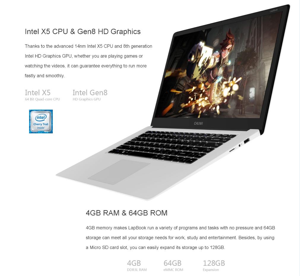 CHUWI LapBook 15.6 inch Windows 10 FHD Screen Notebook Intel Cherry Trail Z8350 Quad Core 1.44GHz 4GB RAM 64GB ROM 10000mAh Battery HDMI WiFi