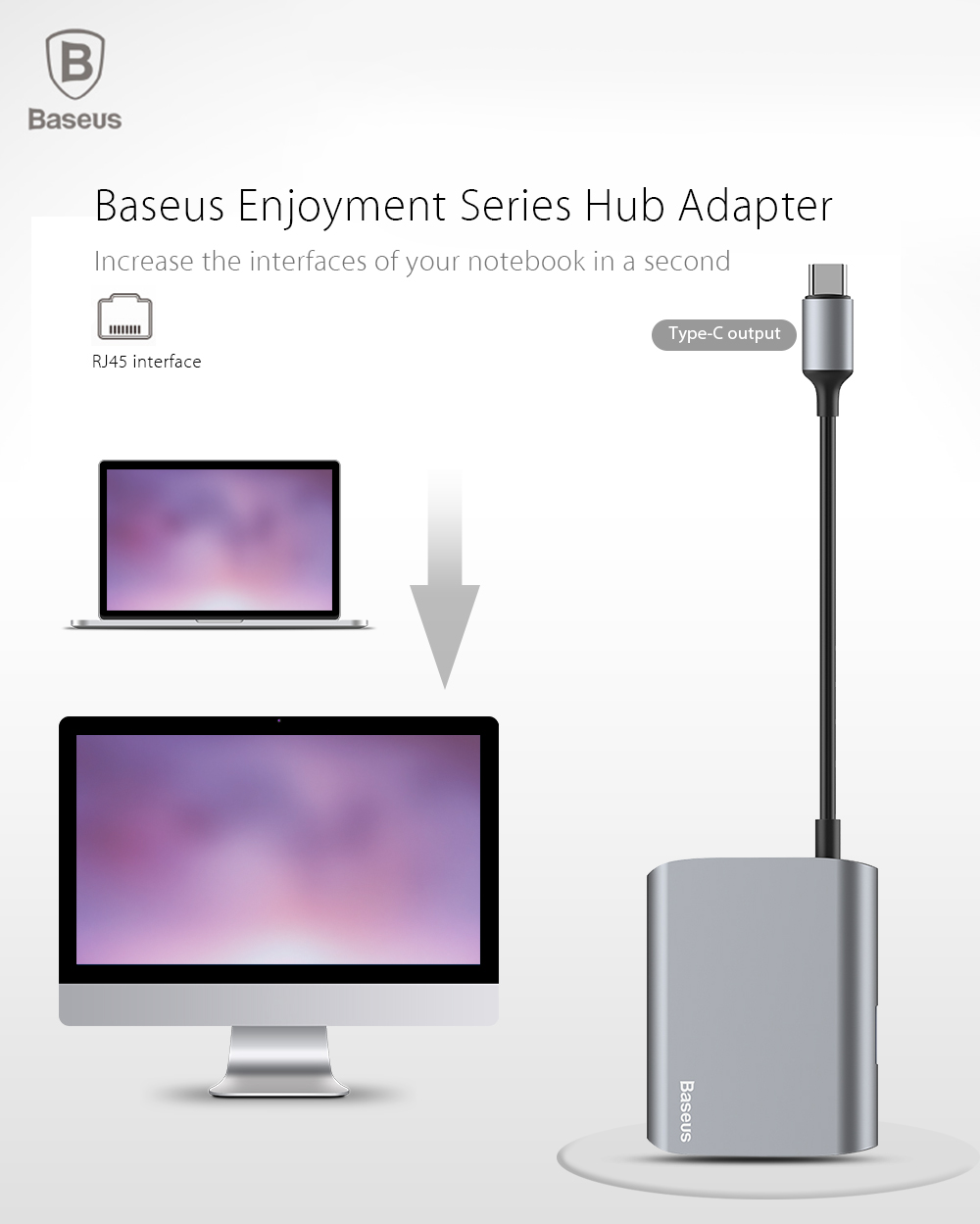 Baseus Enjoyment Series Type-C Output RJ45 + USB 3.0 Interface Hub Digital Multiport Adapter Baseus Enjoyment Series Type-C Output RJ45 + USB 3.0 Interface Hub Digital Multiport Adapter