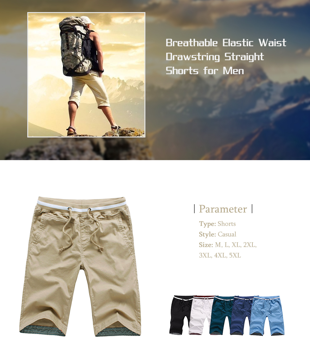 Breathable Solid Color Elastic Waist Drawstring Straight Shorts for Men