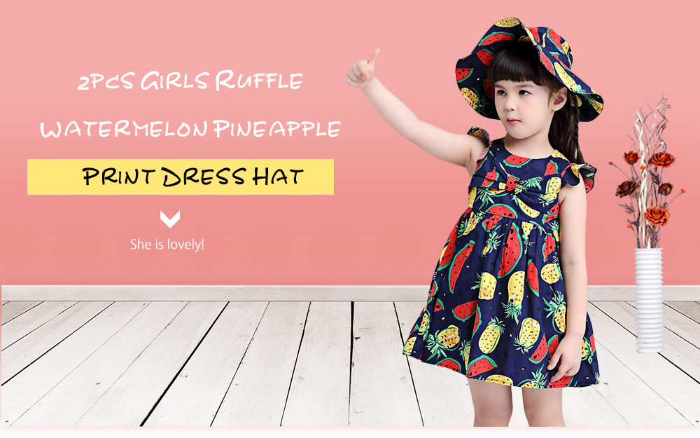 kimocat 2pcs Ruffle Sleeve Bowknot Watermelon Pineapple Pattern Dress Hat for Girls