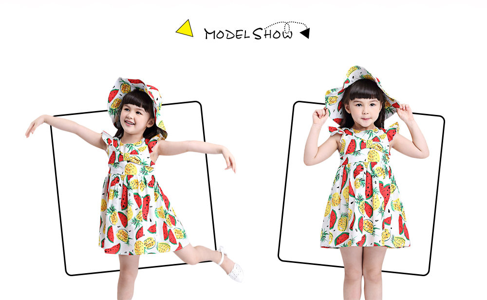 kimocat 2pcs Ruffle Sleeve Bowknot Watermelon Pineapple Pattern Dress Hat for Girls