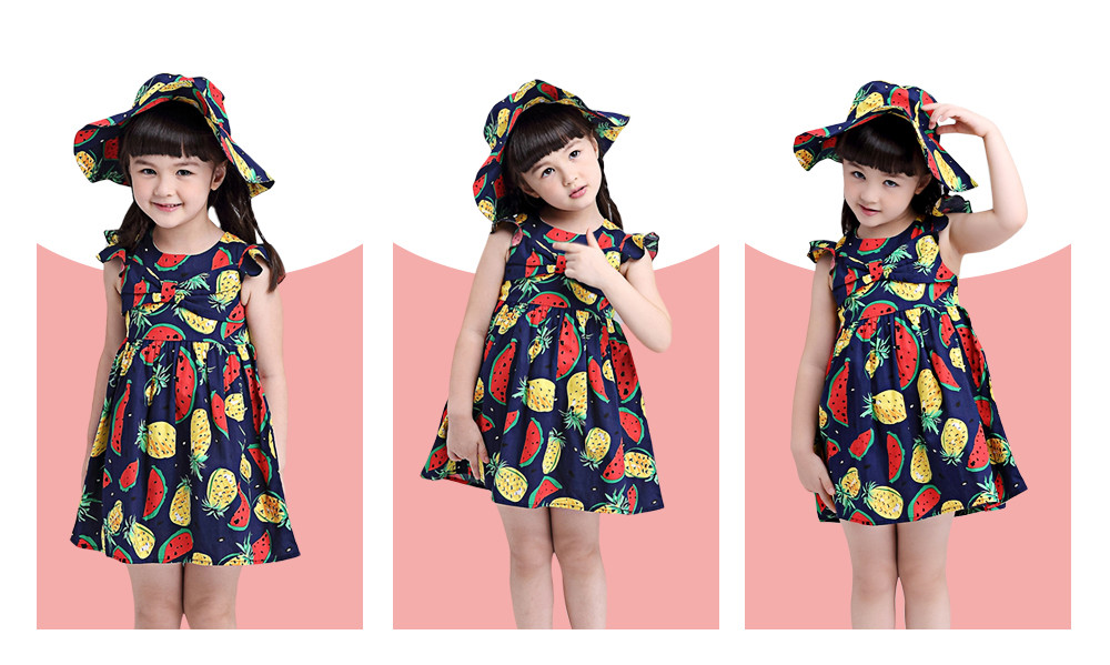 kimocat 2pcs Ruffle Sleeve Bowknot Watermelon Pineapple Pattern Dress Hat for Girls