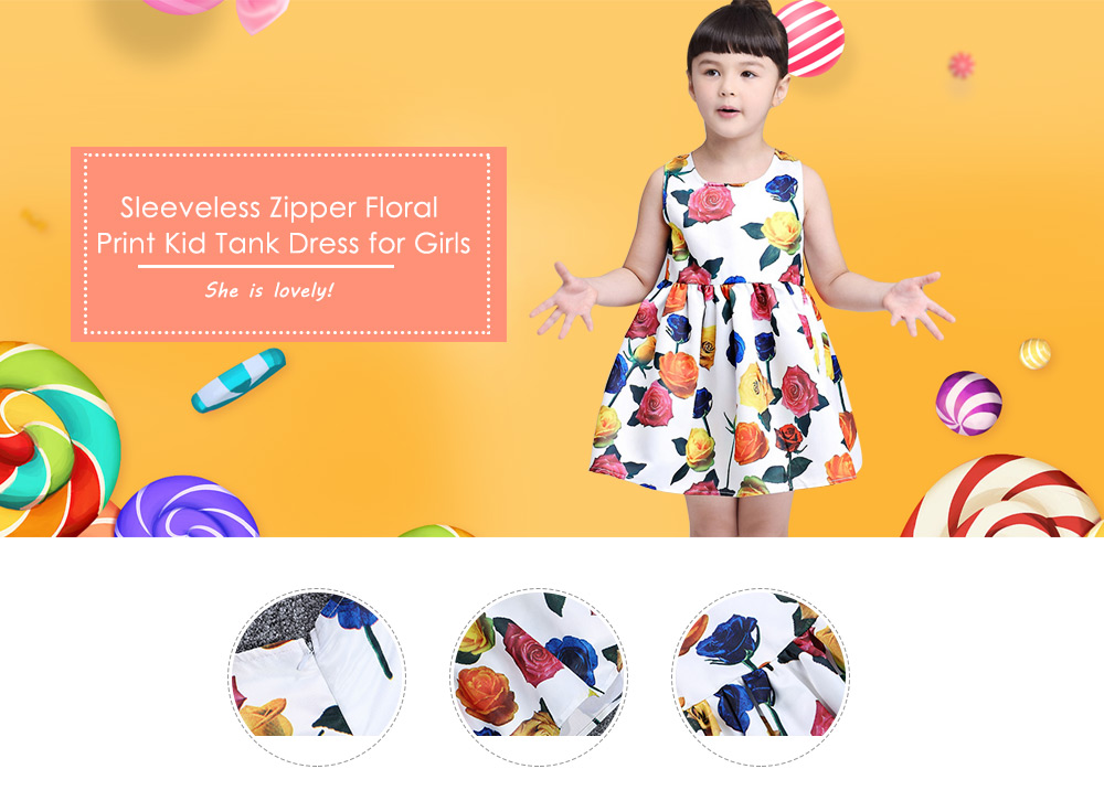 kimocat Sleeveless Scoop Neck Zipper Floral Print Kid Tank Dress for Girls