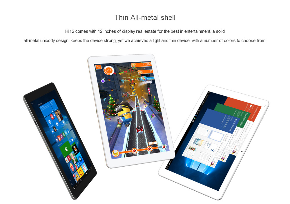Chuwi Hi12 12.0 inch Tablet PC Windows 10 + Android 5.1 Intel Cherry Trail Z8350 64bit Quad Core 1.44GHz 2160 x 1440 IPS Screen 4GB RAM 64GB ROM Bluetooth 4.0
