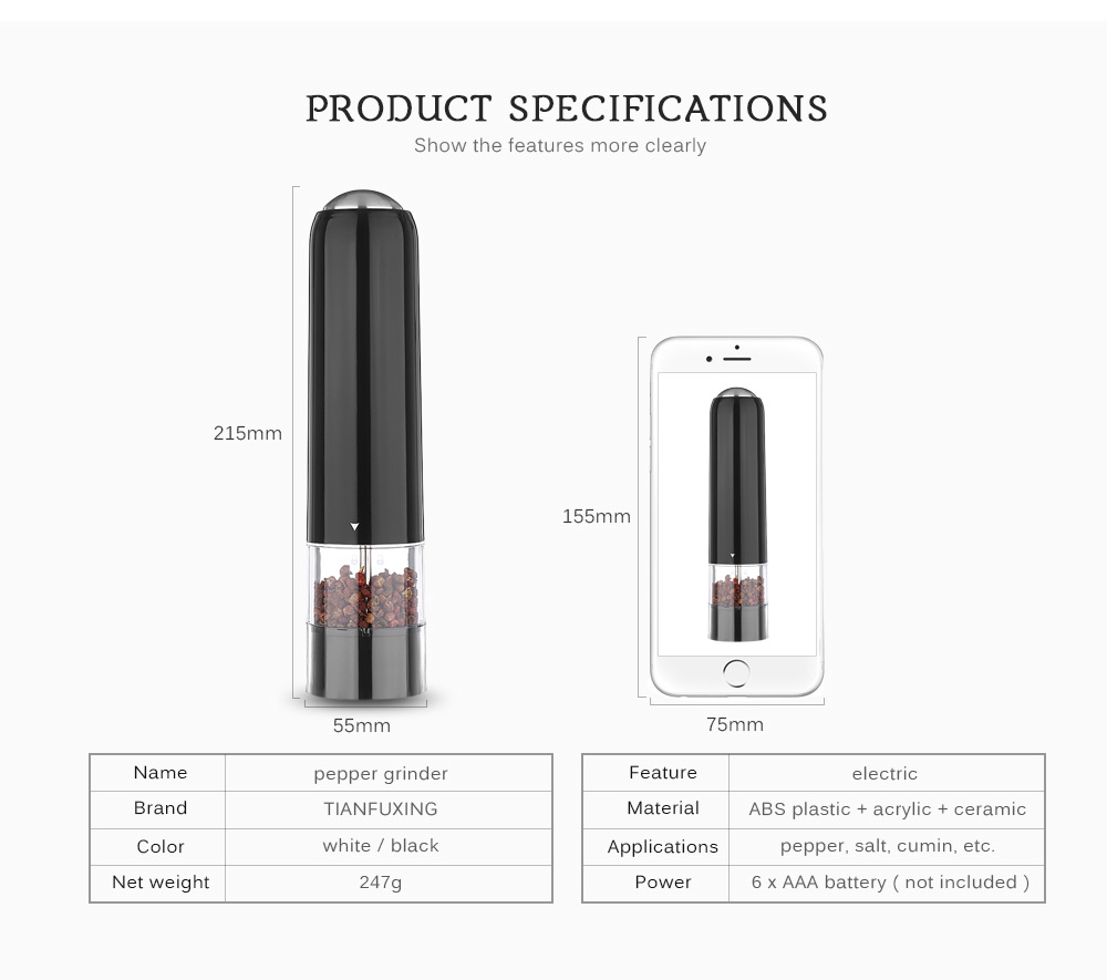 TIANFUXING Electric ABS Plastic Pepper Spice Grinder with Adjustable Ceramic Mill TIANFUXING Electric ABS Plastic Pepper Spice Grinder with Adjustable Ceramic Mill