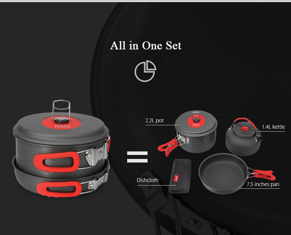 ALOCS CW - C19T Alumina Portable Ultralight 2 - 3 People Cooking Kit Cookware Set Pot Pan Kettle Dishcloth for Camping Picnic Hiking ALOCS CW - C19T Alumina Portable Ultralight 2 - 3 People Cooking Kit Cookware Set Pot Pan Kettle Dishcloth for Camping Picnic Hiking