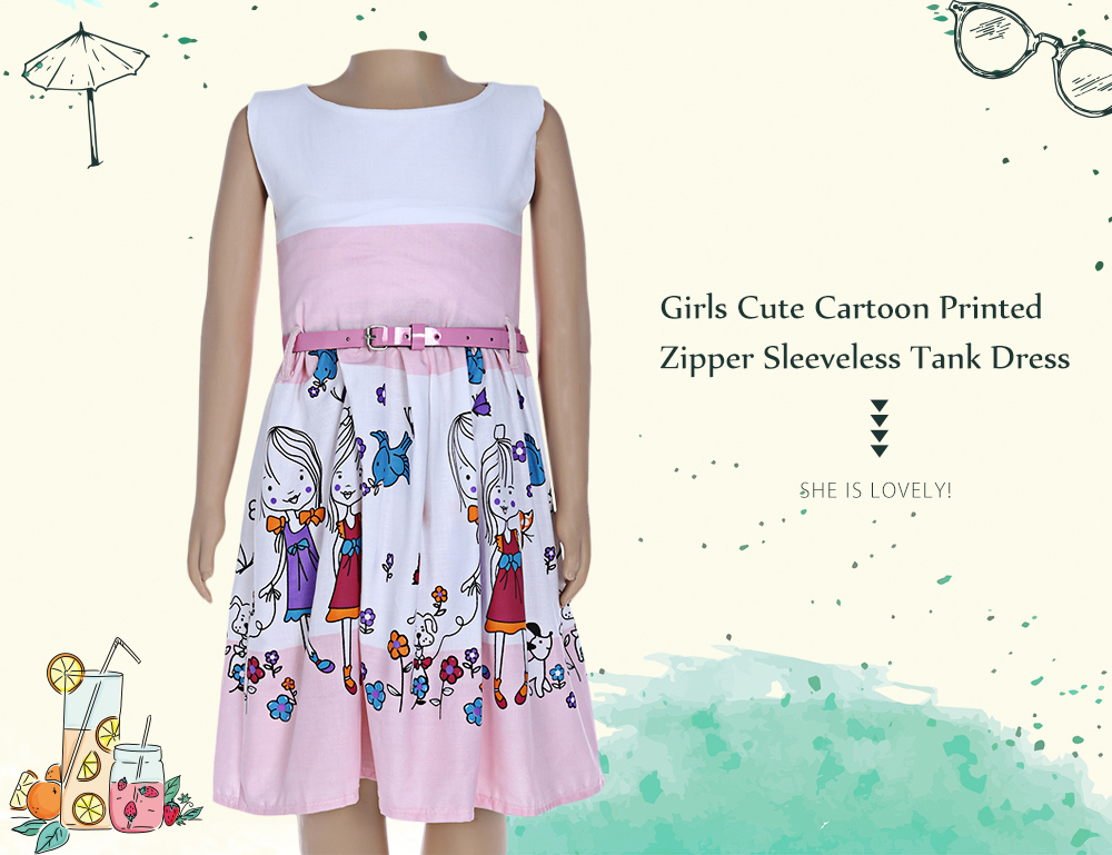 xirubaby Cute Cartoon Printed Round Neck Sleeveless Tank Dress with Zipper for Girls