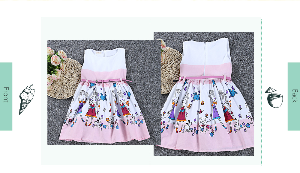 xirubaby Cute Cartoon Printed Round Neck Sleeveless Tank Dress with Zipper for Girls