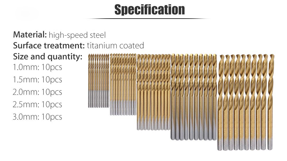 50pcs High-speed Steel Twist Drill Titanium Coated Woodworking Tool