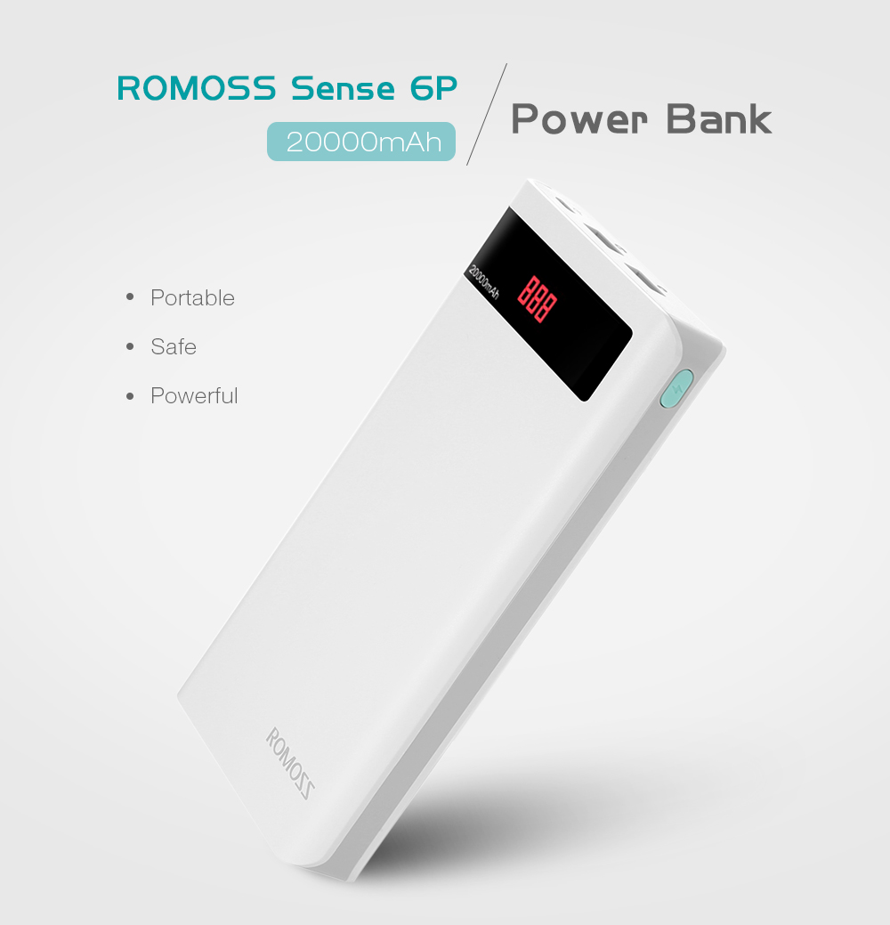 ROMOSS Sense 6P 20000mAh Power Bank Portable External Battery 2.1A Fast Charging with LED Digital Display Dual USB