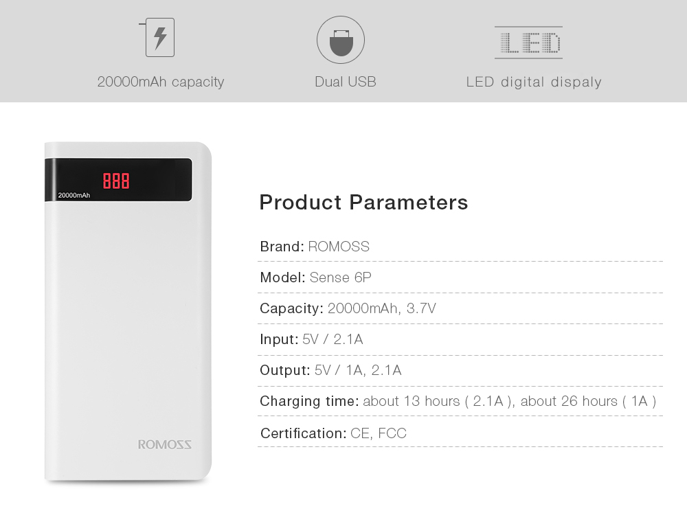 ROMOSS Sense 6P 20000mAh Power Bank Portable External Battery 2.1A Fast Charging with LED Digital Display Dual USB ROMOSS Sense 6P 20000mAh Power Bank Portable External Battery 2.1A Fast Charging with LED Digital Display Dual USB
