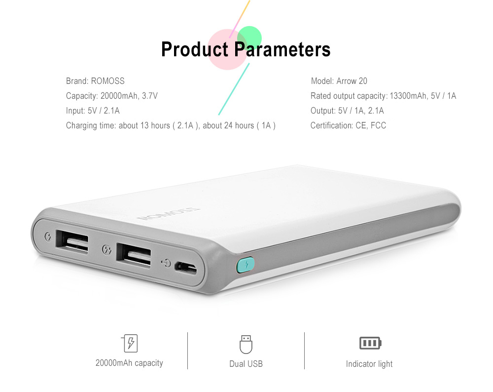 ROMOSS Arrow 20 20000mAh Portable Power Bank 2.1A Fast Charging Dual USB External Battery Charger ROMOSS Arrow 20 20000mAh Portable Power Bank 2.1A Fast Charging Dual USB External Battery Charger