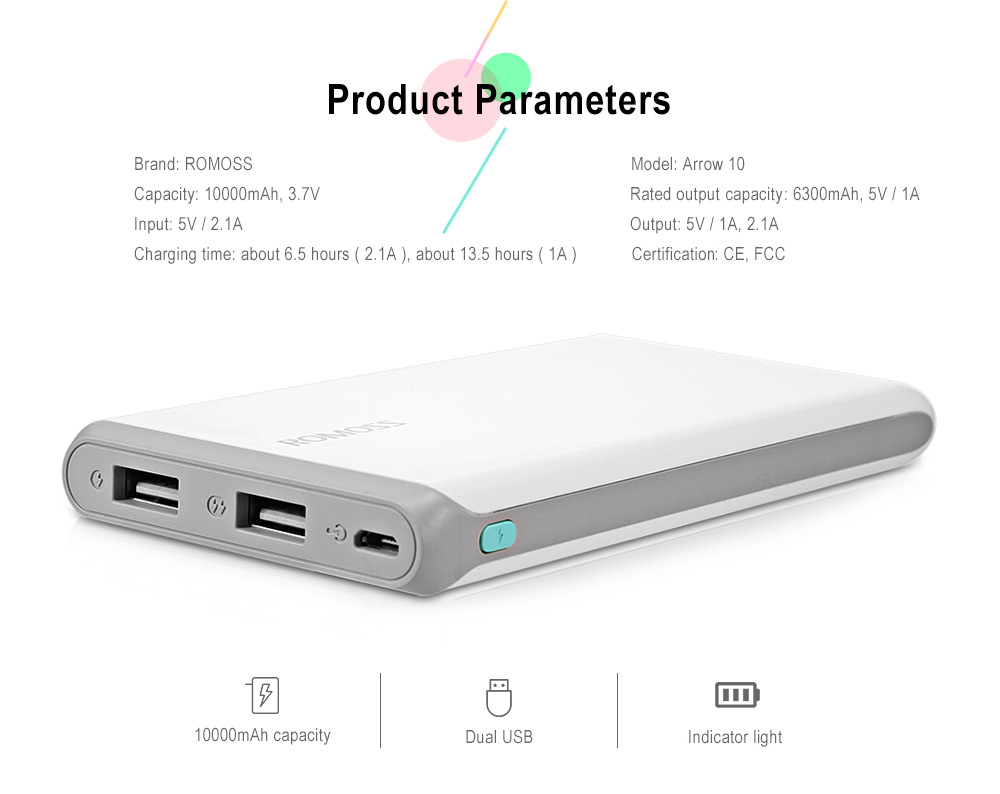ROMOSS Arrow 10 10000mAh Portable Power Bank 2.1A Fast Charging Dual USB External Battery Charger ROMOSS Arrow 10 10000mAh Portable Power Bank 2.1A Fast Charging Dual USB External Battery Charger