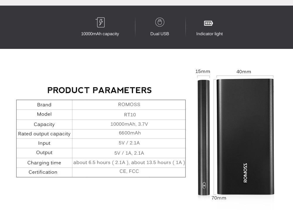 ROMOSS RT10 10000mAh Power Bank Ultra Slim Dual USB Output 2.1A Fast Charging Aluminum External Battery Charger ROMOSS RT10 10000mAh Power Bank Ultra Slim Dual USB Output 2.1A Fast Charging Aluminum External Battery Charger