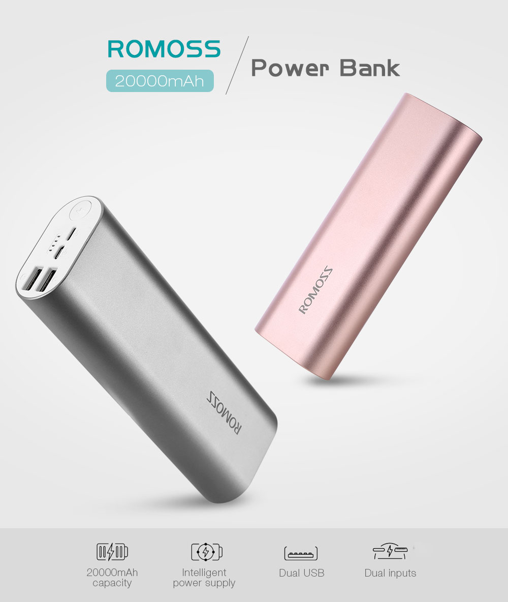 ROMOSS ACE20 20000mAh Power Bank 8 Pin Micro USB Input Dual USB Output 2.1A Fast Charging Aluminum External Battery Charger ROMOSS ACE20 20000mAh Power Bank 8 Pin Micro USB Input Dual USB Output 2.1A Fast Charging Aluminum External Battery Charger