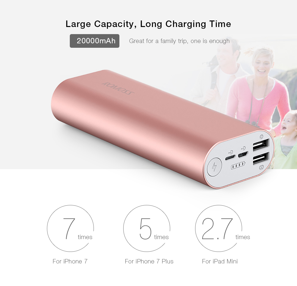 ROMOSS ACE20 20000mAh Power Bank 8 Pin Micro USB Input Dual USB Output 2.1A Fast Charging Aluminum External Battery Charger ROMOSS ACE20 20000mAh Power Bank 8 Pin Micro USB Input Dual USB Output 2.1A Fast Charging Aluminum External Battery Charger