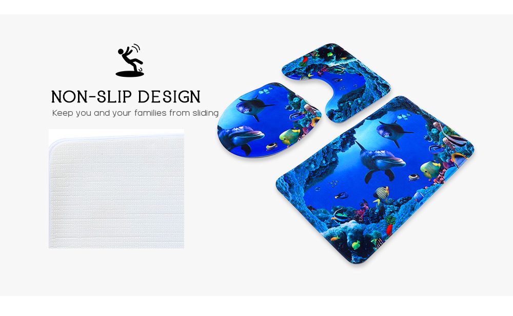 3pcs Blue Anti-skid Ocean Style Pedestal Rug + Toilet Cover + Bath Mat
