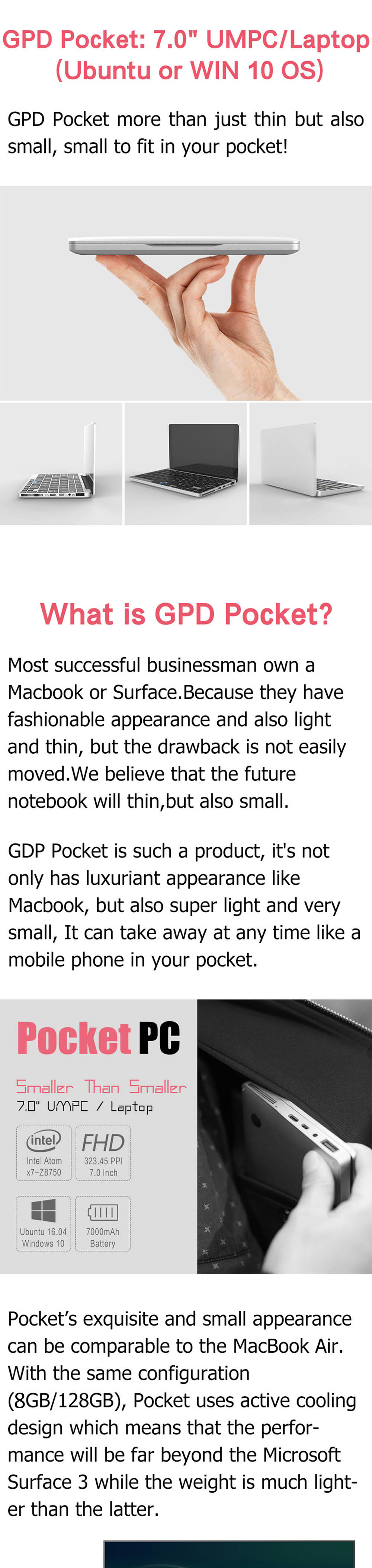 GPD Pocket 7.0 inch Mini Laptop Windows 10 Intel Atom X7-Z8750 Quad Core 1.6GHz 8GB RAM 128GB eMMC Dual WiFi OTG HDMI Bluetooth 4.1