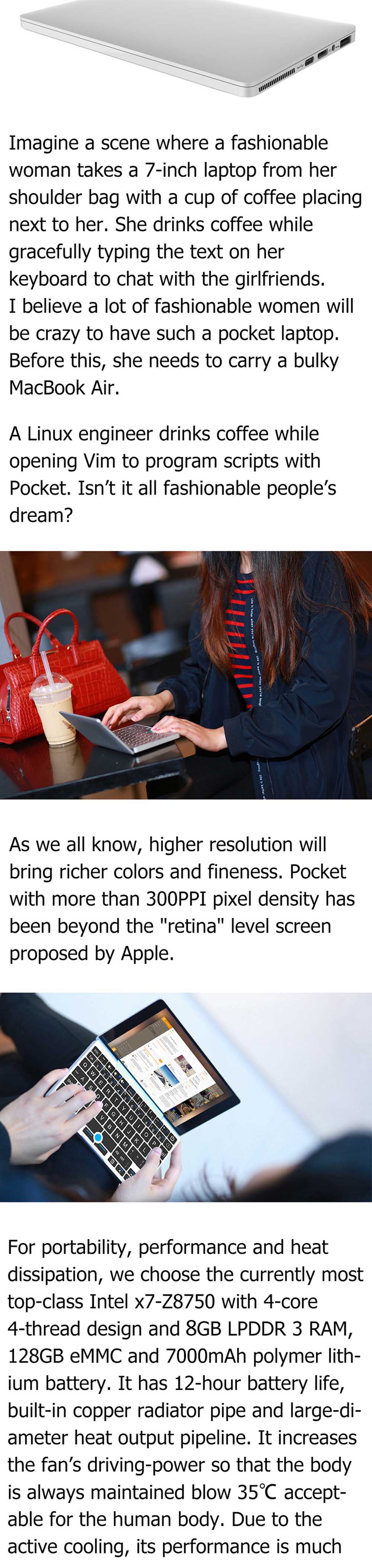 GPD Pocket 7.0 inch Mini Laptop Windows 10 Intel Atom X7-Z8750 Quad Core 1.6GHz 8GB RAM 128GB eMMC Dual WiFi OTG HDMI Bluetooth 4.1