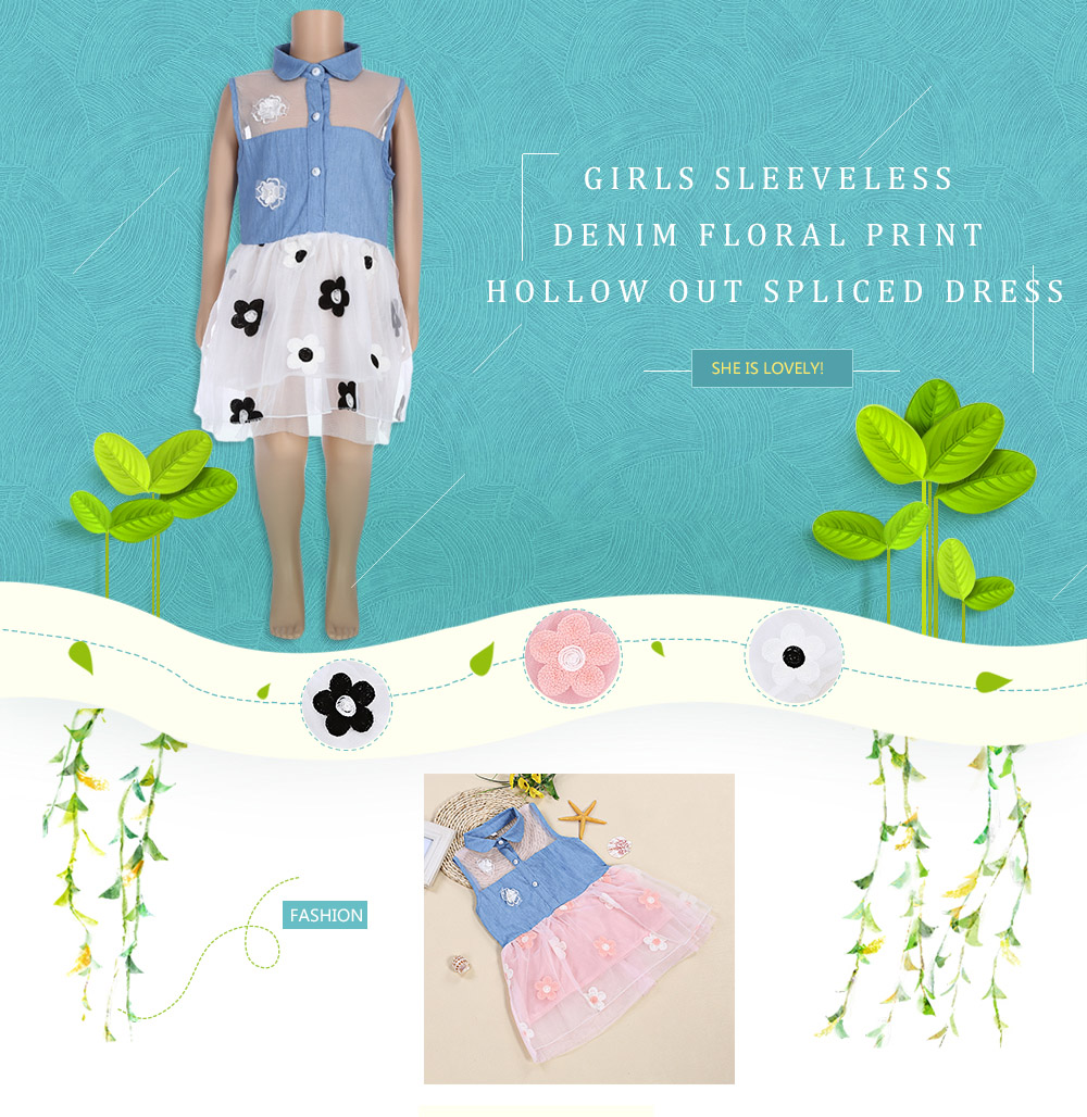 Girls Sleeveless Denim Floral Print Hollow Out Turn-down Collar Beaded Spliced Dress
