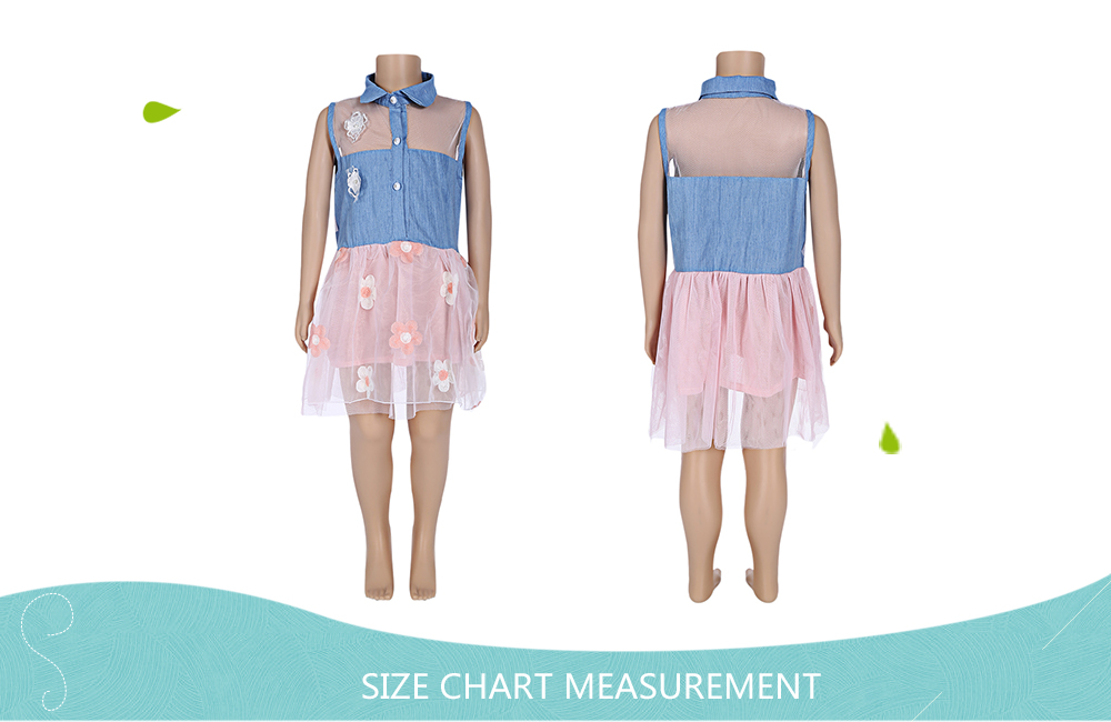 Girls Sleeveless Denim Floral Print Hollow Out Turn-down Collar Beaded Spliced Dress