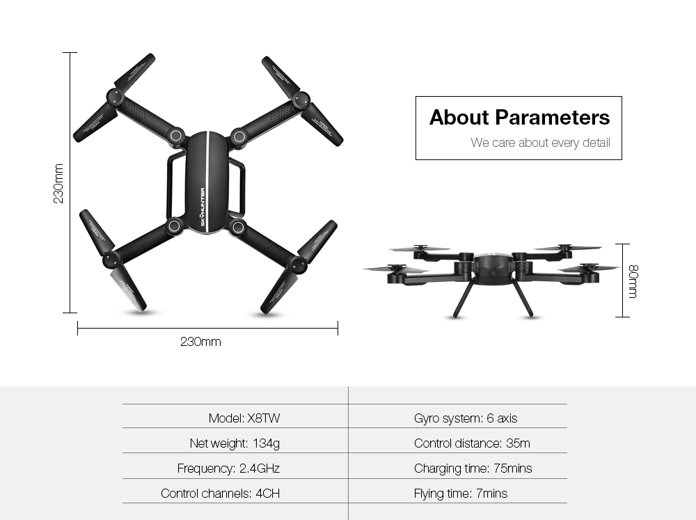 X8TW Foldable 0.41MP WiFi Camera RC Quadcopter 2.4G 4CH 6-axis Gyro Altitude Hold Headless Mode Drone RTF