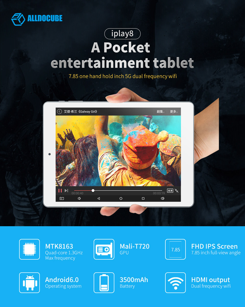 Cube iPlay 8 Tablet PC 7.85 inch Android 6.0 MTK8163 Quad Core 1.3GHz 1GB RAM 16GB ROM Dual WiFi OTG Cameras