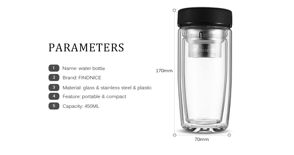 FINDNICE FNB - 0124 Double Layer Glass Water Bottle 450ML Tea Cup FINDNICE FNB - 0124 Double Layer Glass Water Bottle 450ML Tea Cup