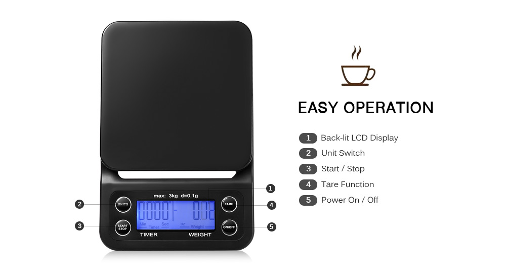 Digital Kitchen Food Coffee Weighing Scale + Timer with Back-lit LCD Display Digital Kitchen Food Coffee Weighing Scale + Timer with Back-lit LCD Display