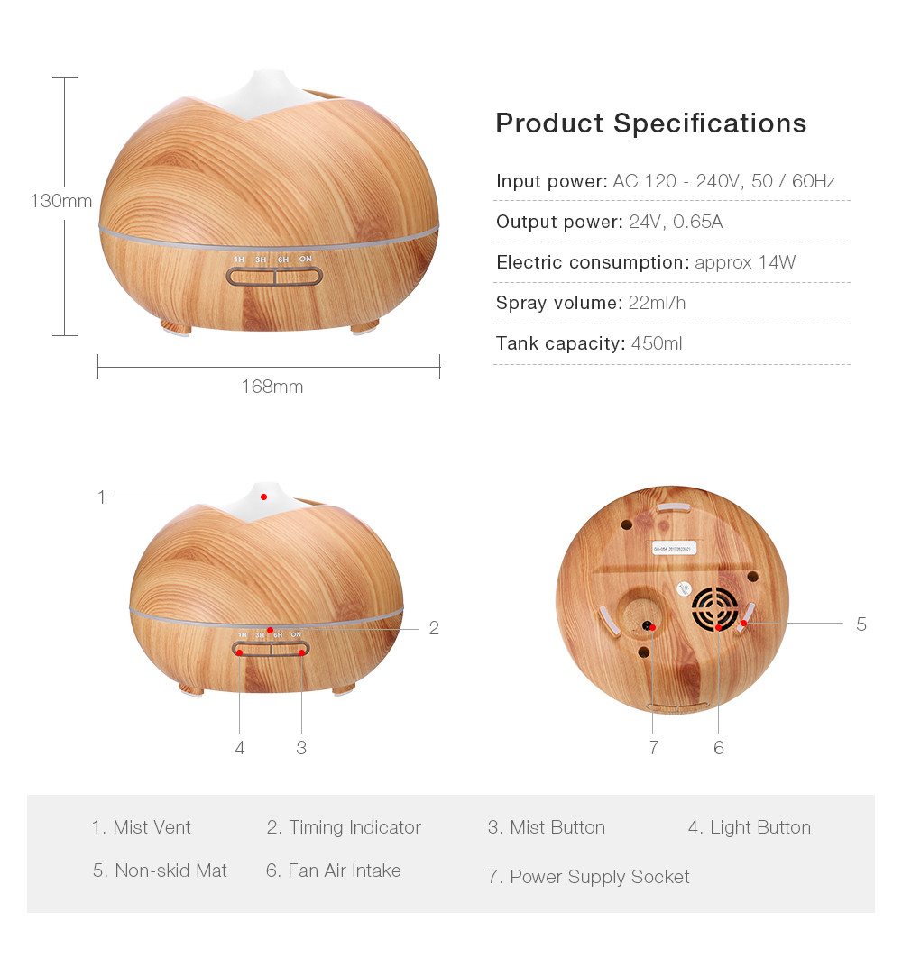 450ml Essential Oil Diffuser Ultrasonic Wood Grain Humidifier with Colorful LED Light
