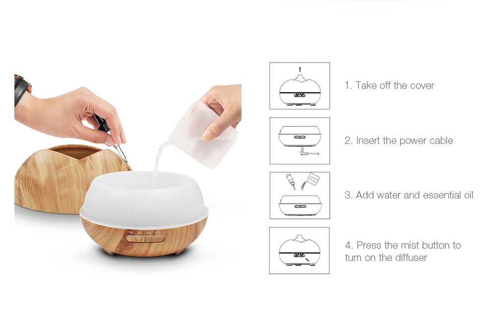 450ml Essential Oil Diffuser Ultrasonic Wood Grain Humidifier with Colorful LED Light