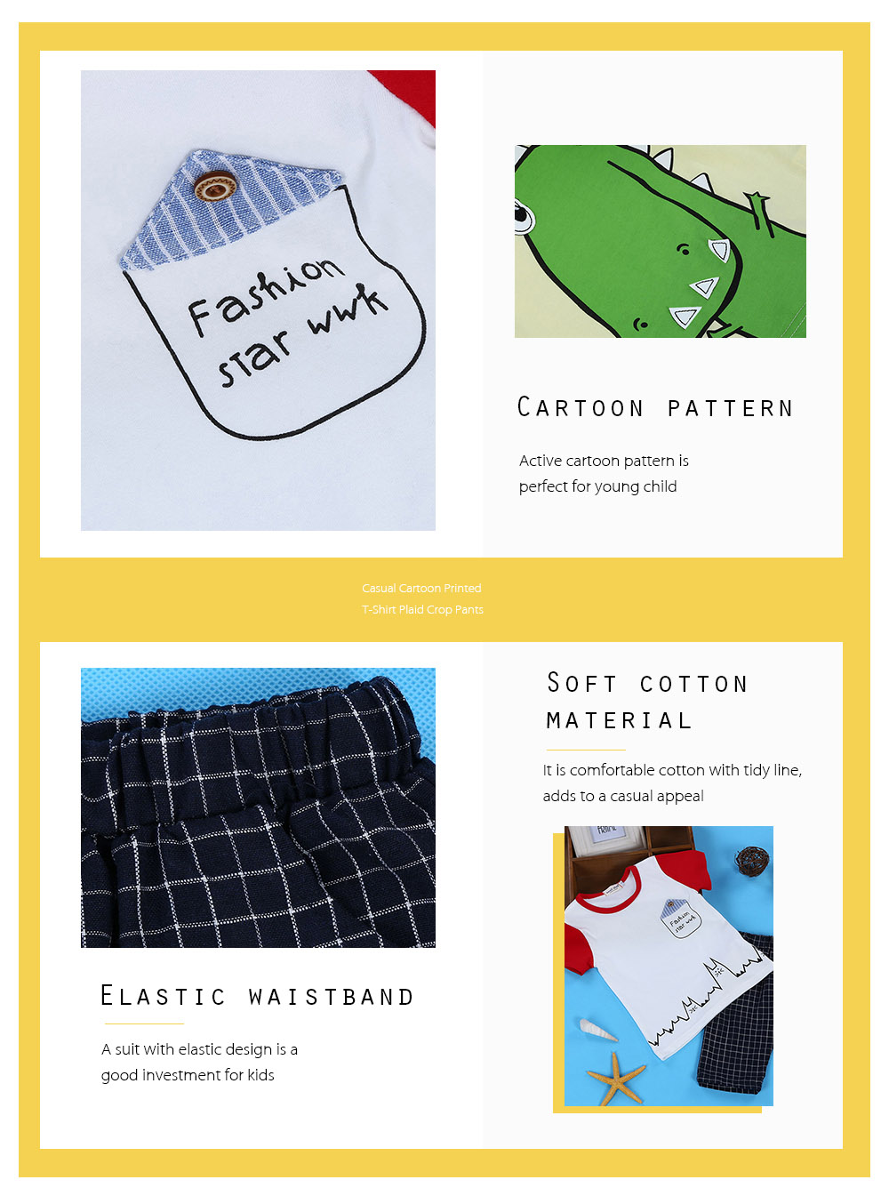 2pcs Boys Casual Cartoon Printed T-shirt Plaid Crop Pants Kids Clothing