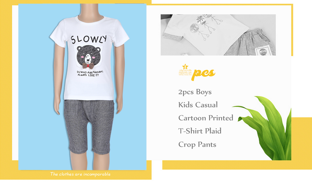 2pcs Boys Casual Cartoon Printed T-shirt Plaid Crop Pants Kids Clothes