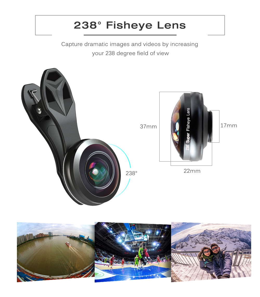 APEXEL APL - 238F 238 Degree Fisheye Lens External Mobile Phone Camera with Universal Clip APEXEL APL - 238F 238 Degree Fisheye Lens External Mobile Phone Camera with Universal Clip