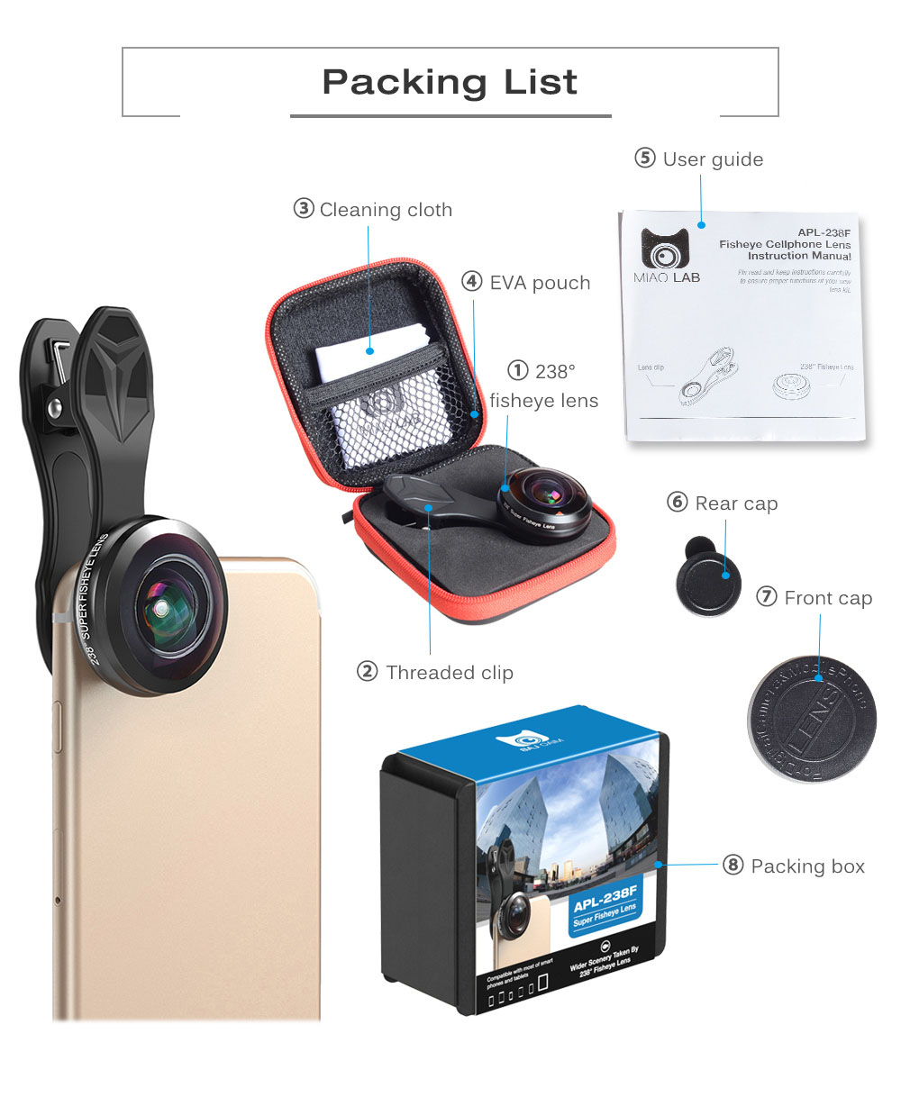 APEXEL APL - 238F 238 Degree Fisheye Lens External Mobile Phone Camera with Universal Clip APEXEL APL - 238F 238 Degree Fisheye Lens External Mobile Phone Camera with Universal Clip