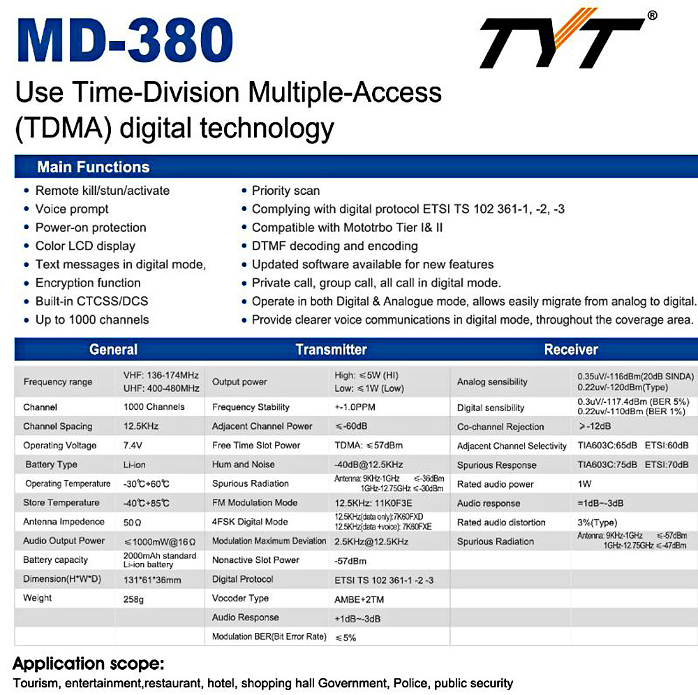 TYT MD - 380 DMR Portable Walkie Talkie Digital Two-way Radio Transceiver TYT MD - 380 DMR Portable Walkie Talkie Digital Two-way Radio Transceiver