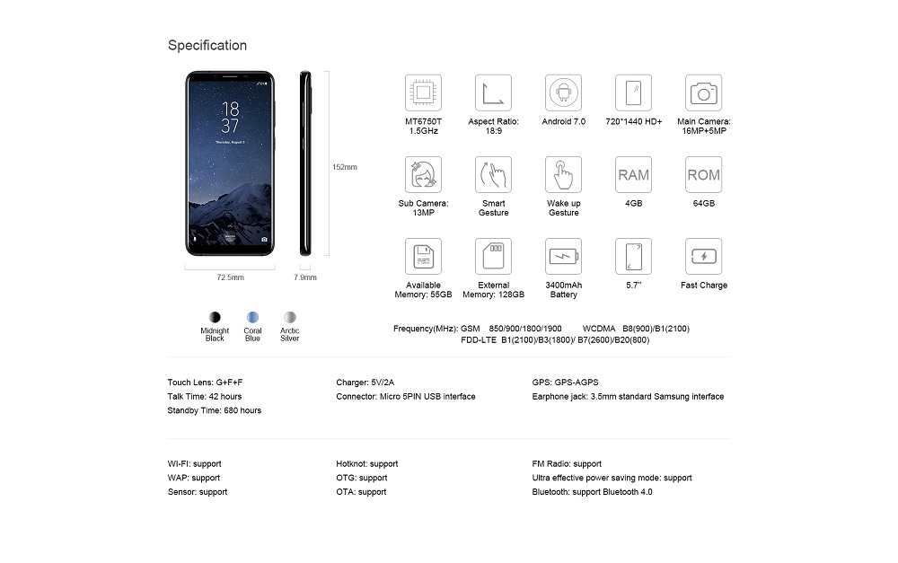 HOMTOM S8 4G Smartphone 5.7 inch MTK6750T Smart Gesture Finger Scanner 4GB RAM 64GB ROM 16.0MP + 5.0MP