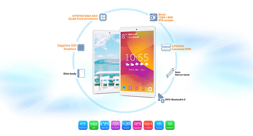 Teclast P80h 8 inch Android 5.1 Tablet PC MTK8163 64bit Quad Core 1.3GHz WXGA IPS Screen 1GB RAM+ 8GB ROM Dual WiFi GPS Bluetooth 4.0