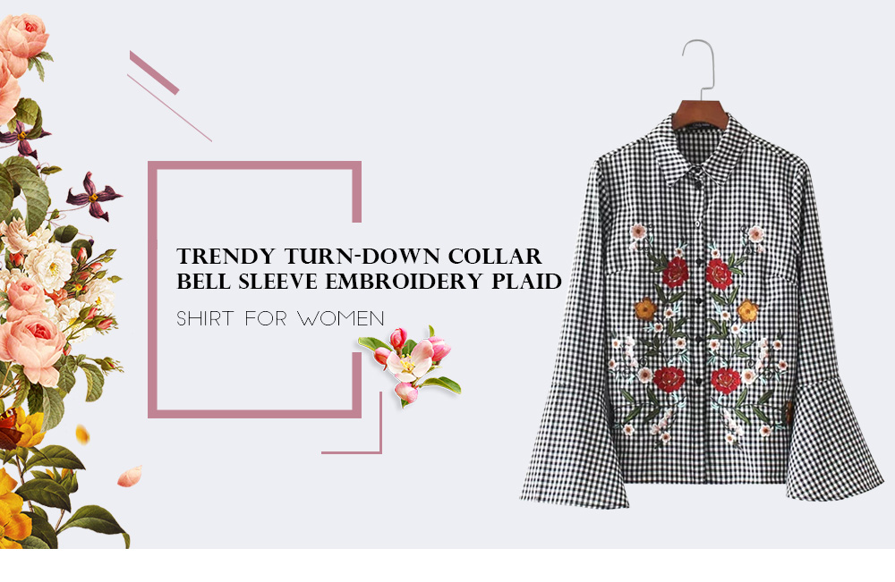 Trendy Turn-down Collar Bell Sleeve Floral Embroidery Shirt for Women