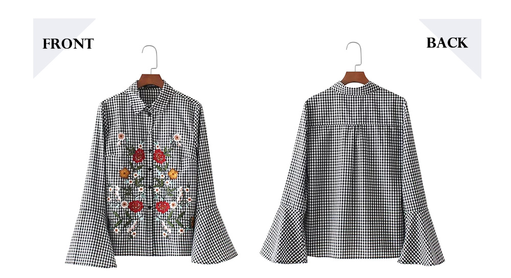 Trendy Turn-down Collar Bell Sleeve Floral Embroidery Shirt for Women