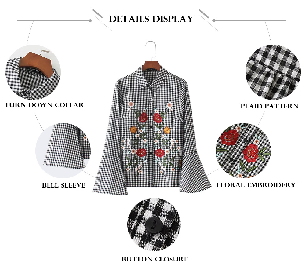 Trendy Turn-down Collar Bell Sleeve Floral Embroidery Shirt for Women