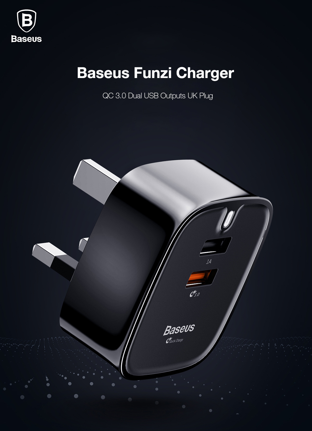 Baseus Funzi QC 3.0 Dual USB Intelligent Wall Travel Charger Adapter UK Plug