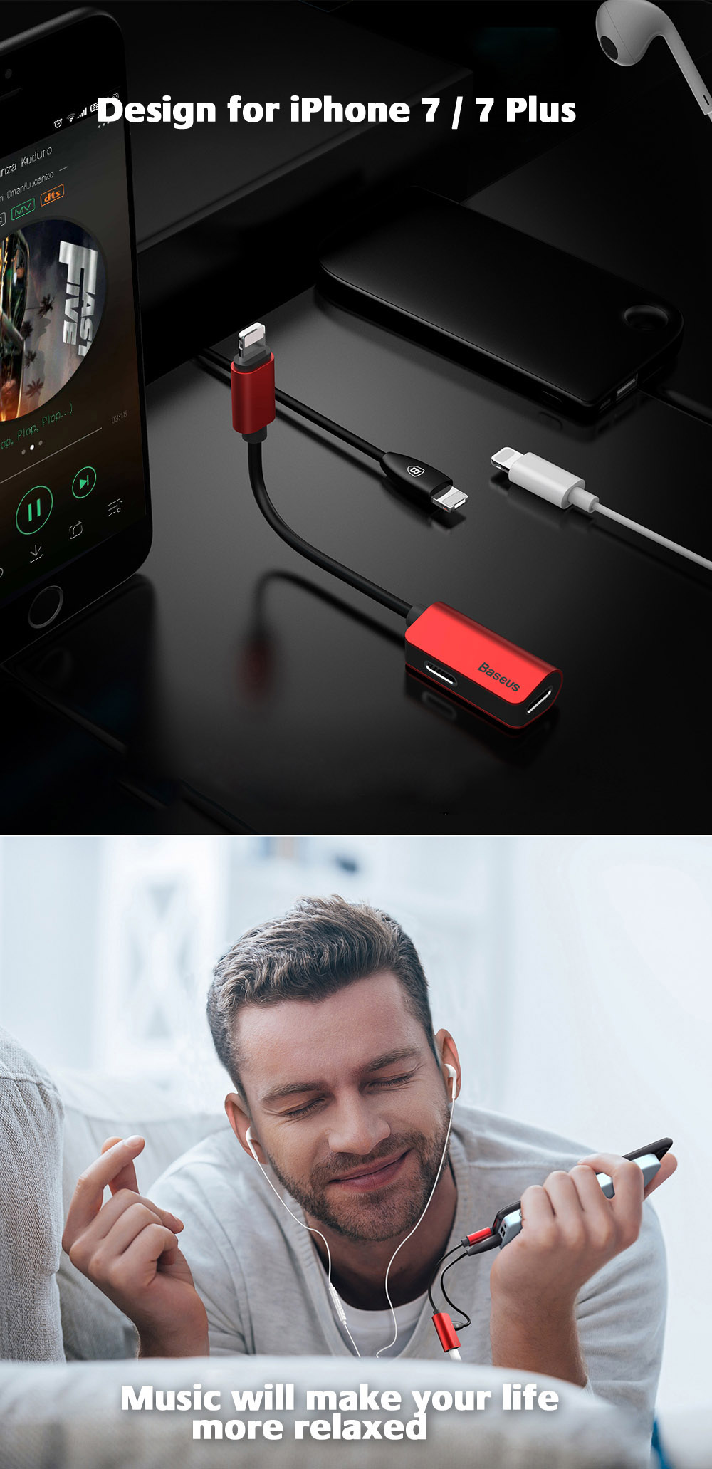 Baseus L37 Male to Dual Female 8 Pin Audio Adapter Headphone Charging Connector for iPhone 7 / 7 Plus 12cm Baseus L37 Male to Dual Female 8 Pin Audio Adapter Headphone Charging Connector for iPhone 7 / 7 Plus 12cm