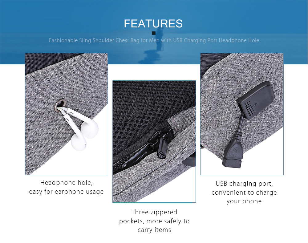 Guapabien Sling Shoulder Chest Bag for Men with USB Charging Port Headphone Hole Guapabien Sling Shoulder Chest Bag for Men with USB Charging Port Headphone Hole