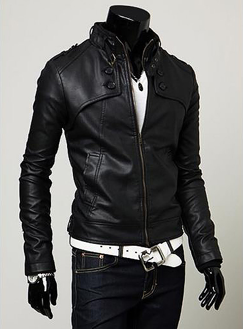 Korean Stand Collar Slimming Buttons Embellished Long Sleeves Men's PU Leather Coat Korean Stand Collar Slimming Buttons Embellished Long Sleeves Men's PU Leather Coat