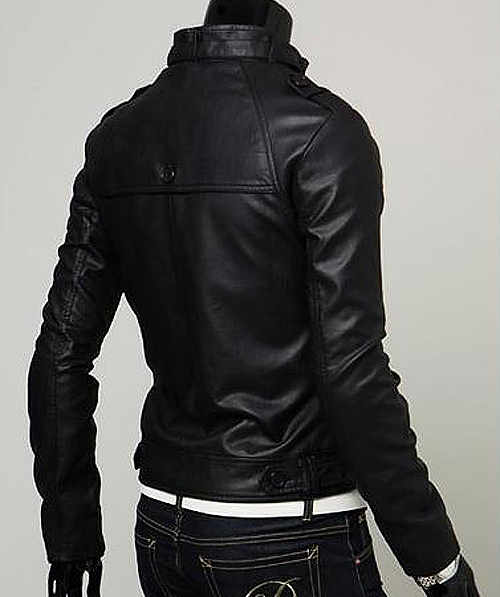 Korean Stand Collar Slimming Buttons Embellished Long Sleeves Men's PU Leather Coat