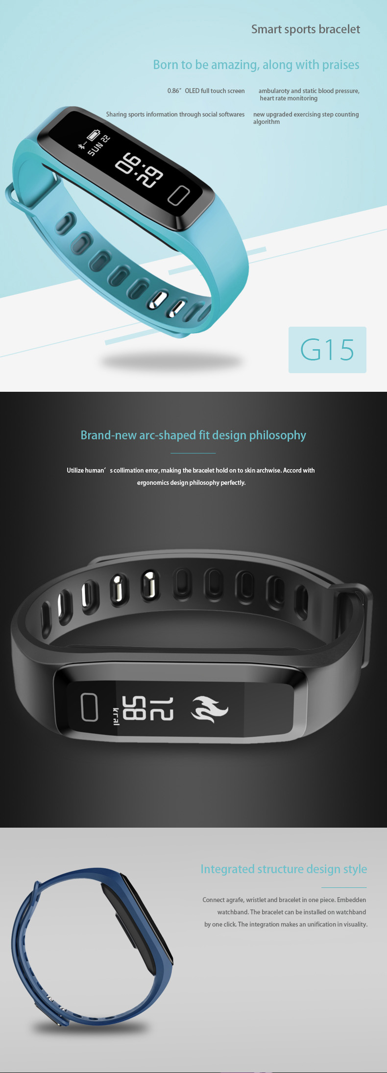 G15 Bluetooth 4.0 Smart Bracelet Heart Rate Monitor Blood Pressure Wristband Pedometer Activities Fitness Tracker