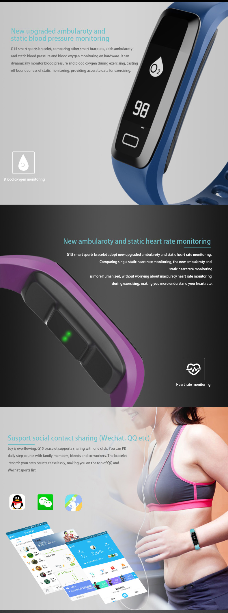 G15 Bluetooth 4.0 Smart Bracelet Heart Rate Monitor Blood Pressure Wristband Pedometer Activities Fitness Tracker